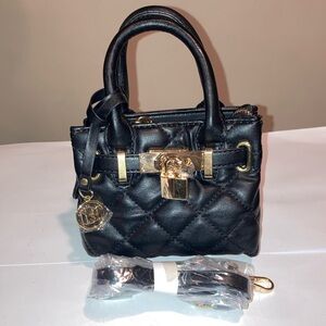 Badgley Mischka Black Quilted Mini Handbag with Gold Accents Crossbody Strap